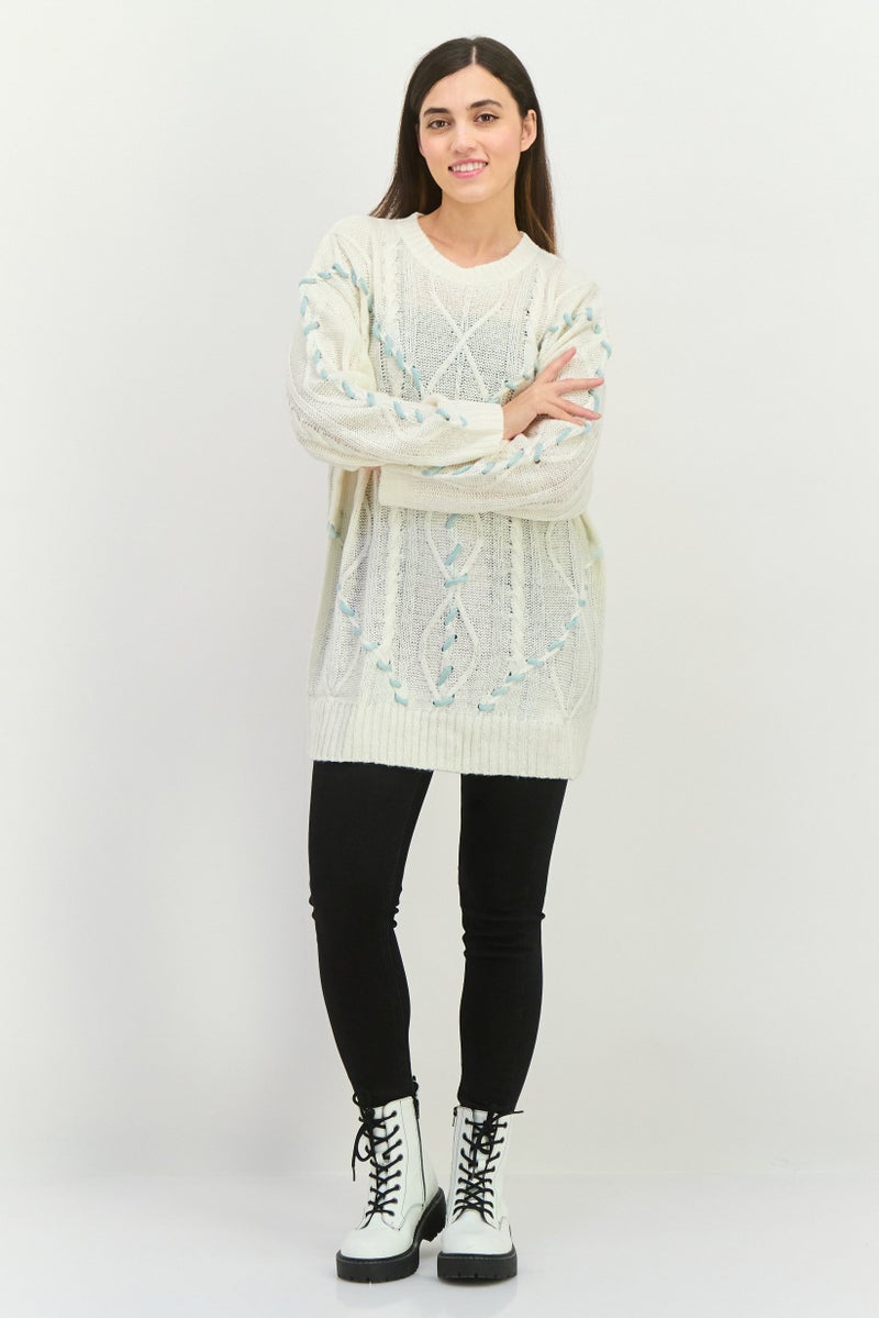 Native Youth Women Round Neck Textured Sweater, Cream - Image 2